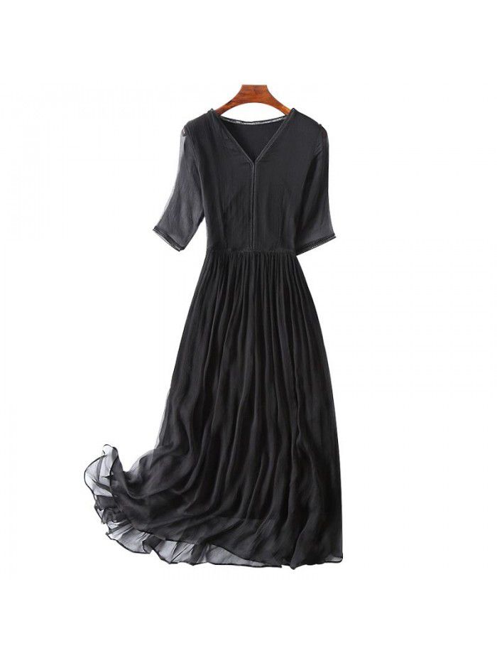 Silk Dress Women's Summer New 3/4 Sleeves Slim and Long A-line 