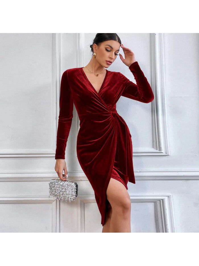 Sexy long dress with V-neck and buttocks, irregular mid length dress, cocktail dress, female 