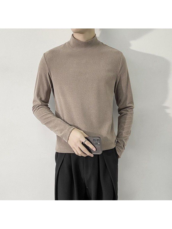 Autumn and Winter New Men's German Velvet Half High Neck Light Mature Style Long Sleeve T-shirt Men's Solid Round Neck Large Casual Bottom Shirt 