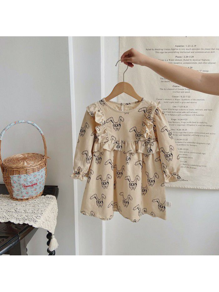 Children's Bear Printed Long sleeved Girls' Dress Autumn Sweet Ruffled Round Neck Children's Dress Trend 