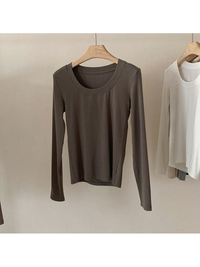 Practical and minimalist round neck long sleeved t-shirt for women's basic versatile slim fitting top 