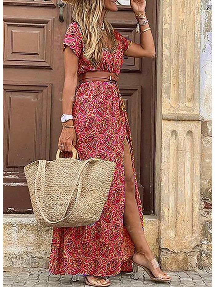Bohemian style waistband printed long dress dress  Bohemian style waistband printed long dress dress