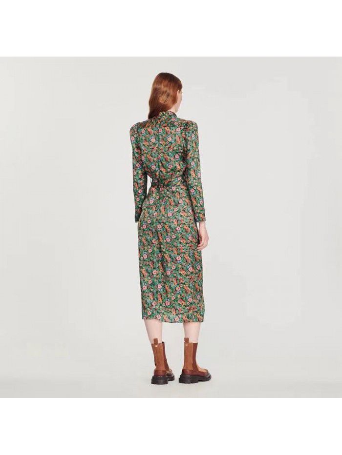 French S romantic daisy print autumn new women's dress design sense waist style dress 