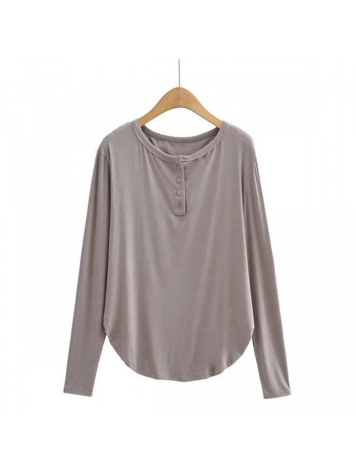 Spring and Summer New Women's Curved Bottom Access Control Three Button Round Neck Long Sleeve Loose Casual Long T-shirt Top 