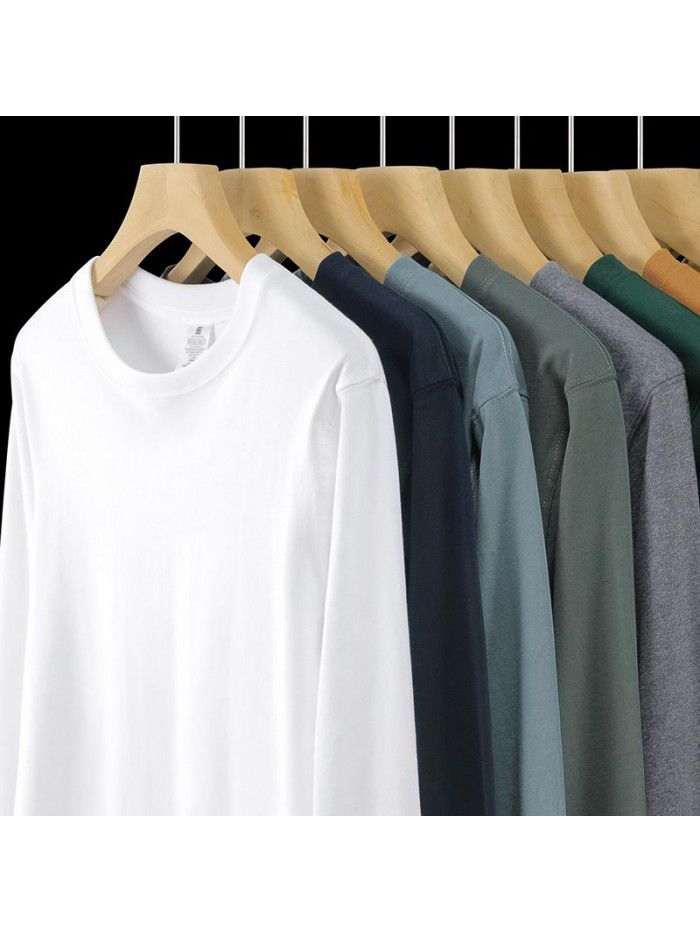 Long sleeved T-shirt for men in spring and autumn, round neck loose fitting pure white bottom shirt for men's upper garment 
