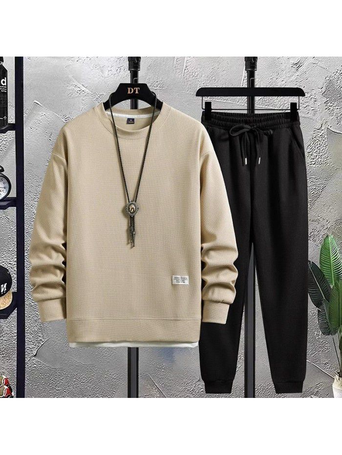 New Men's Leisure Sports Set Men's Fashion Brand Men's Sweater T-shirt Handsome Waffle Autumn Men's Wear 
