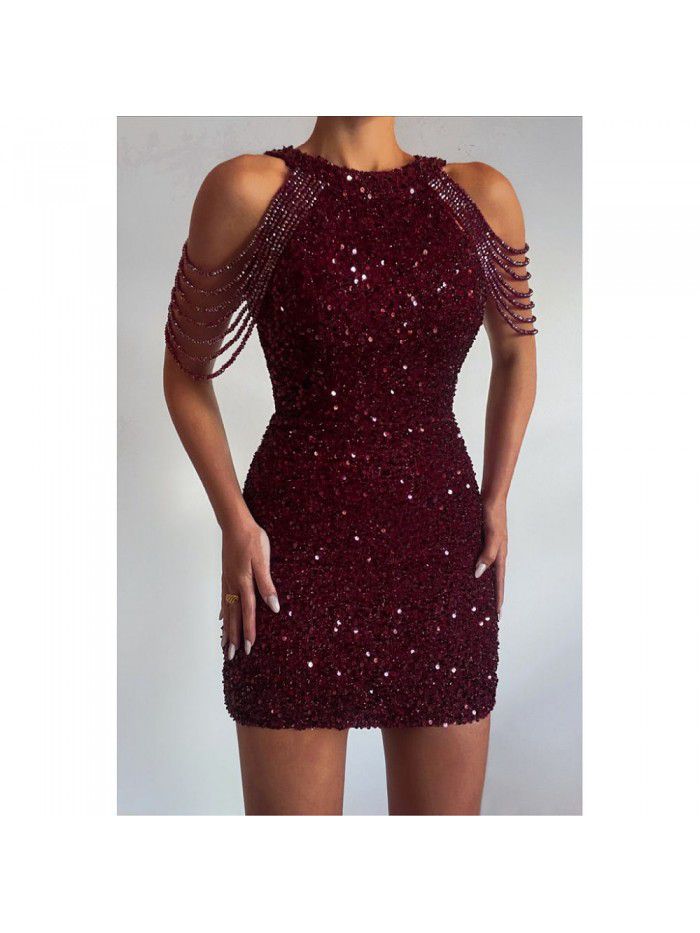 Sequin short dress dress spring and summer women's popular round neck sexy slim fringed dress 