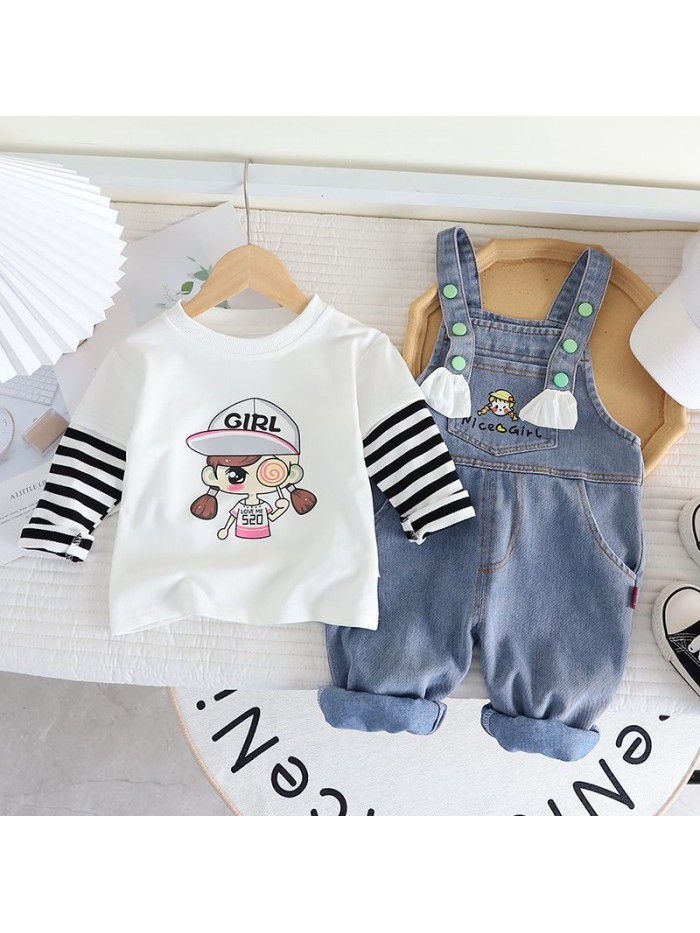 Girls' Autumn New Baby Girl Strap Trouser Set Cute Cartoon Two Piece Set 