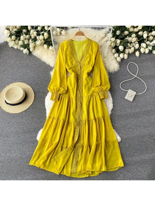 French style retro court lace V-neck high-grade dr...