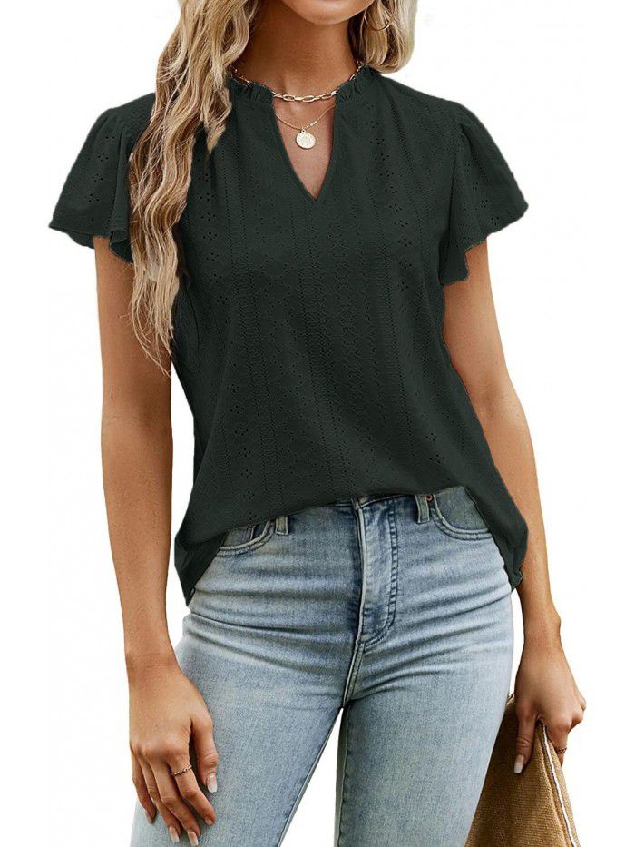 Spring/Summer Loose Solid V-Neck Ruffle Sleeve Jacquard T-shirt Women's Top 