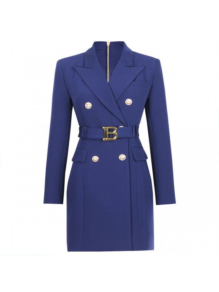 Spring and Autumn New Fashion High grade Solid Color Belt Long Sleeve Slim Fit Temperament Commuter Suit Dress Women 