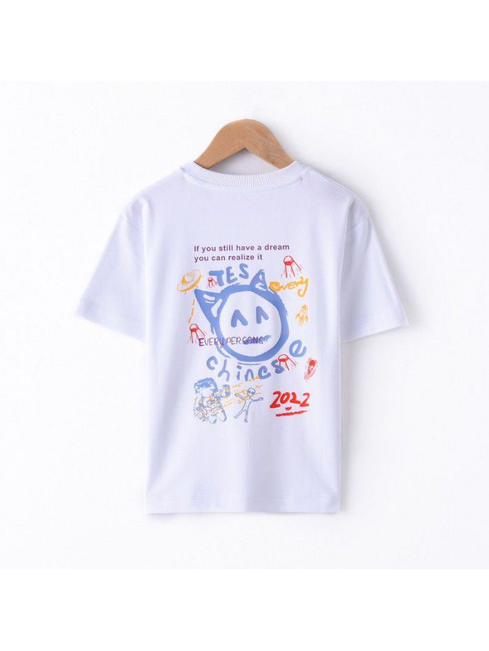 Summer New Print Parent-child Short Sleeve T-shirt Casual Women's Fashion Loose Round Neck Mercerized Cotton Bottom Top 