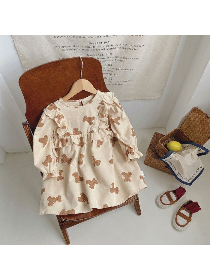 Children's Bear Printed Long sleeved Girls' Dress Autumn Sweet Ruffled Round Neck Children's Dress Trend 