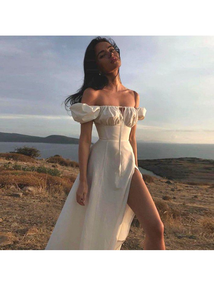 Summer Holiday Bubble Sleeve Solid Split Long Dress 
