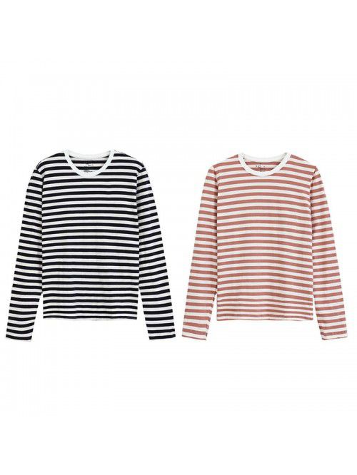 Long sleeved T-shirt Women's pure cotton striped T...