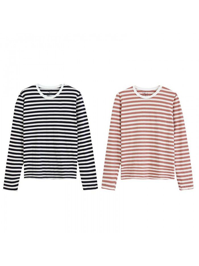 Long sleeved T-shirt Women's pure cotton striped T-shirt Indian cotton T-shirt Tianzhu woven round neck T-shirt 