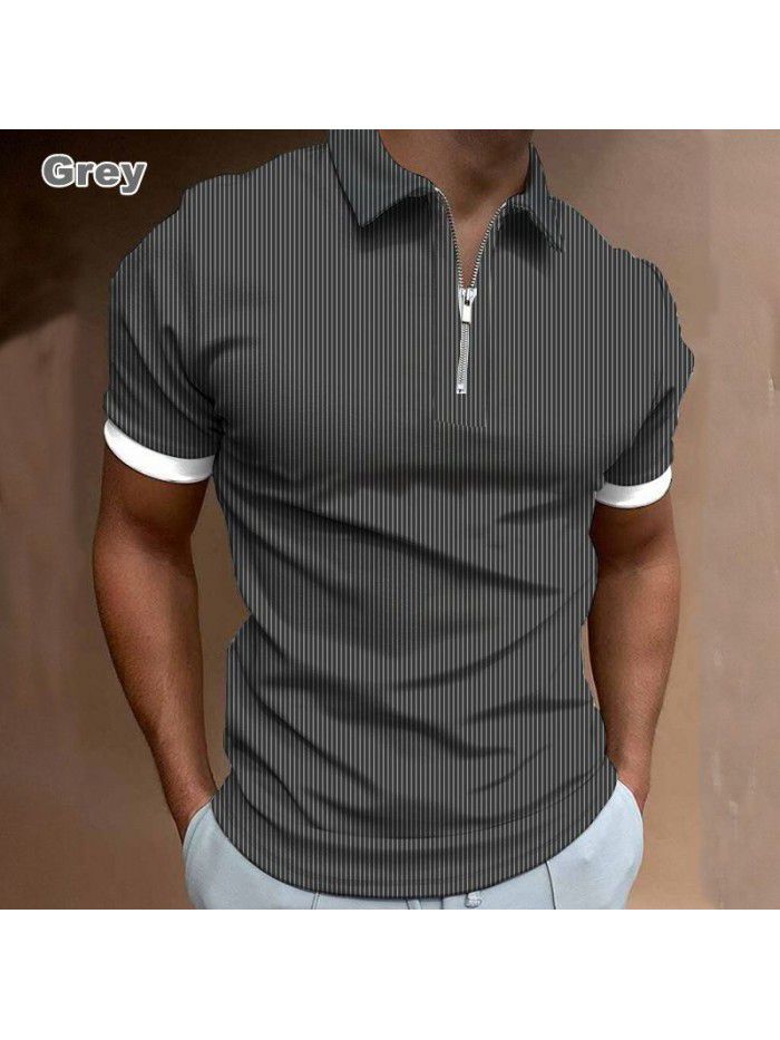 New men's POLO shirt Men's casual short sleeved lapel T-shirt 3D printed short sleeved zipper POLO 
