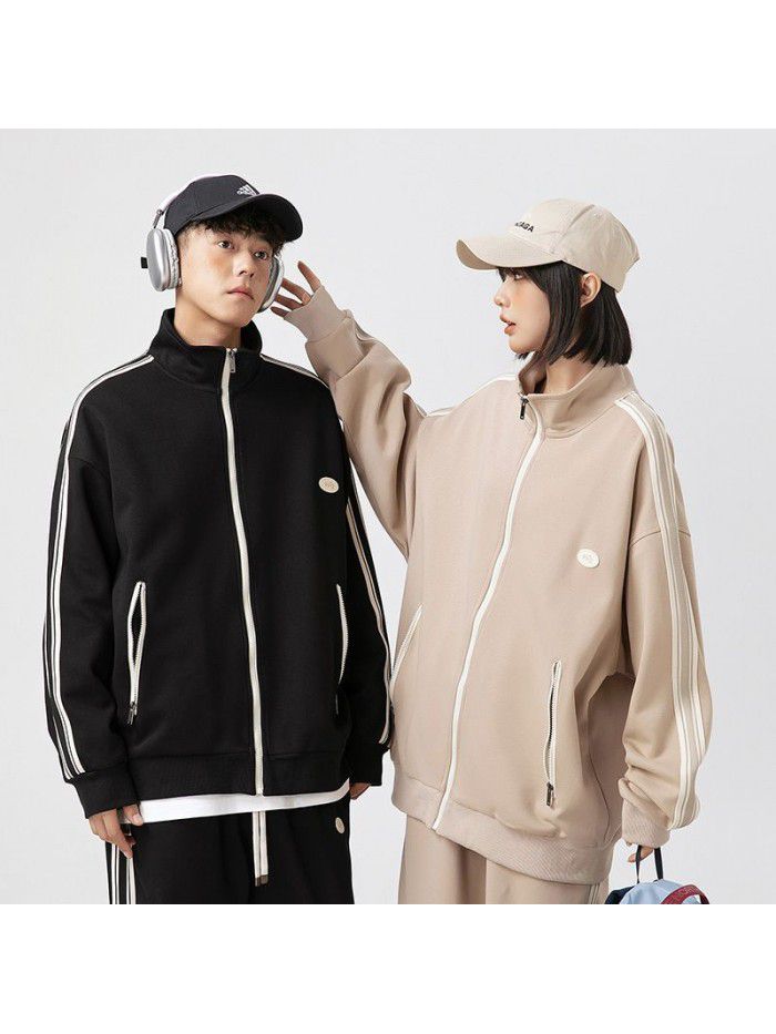 Retro American Street Style Casual Sports Set Men's Cardigan Mock Neck Jacket Guard Pants Autumn Couple Two Piece Set 