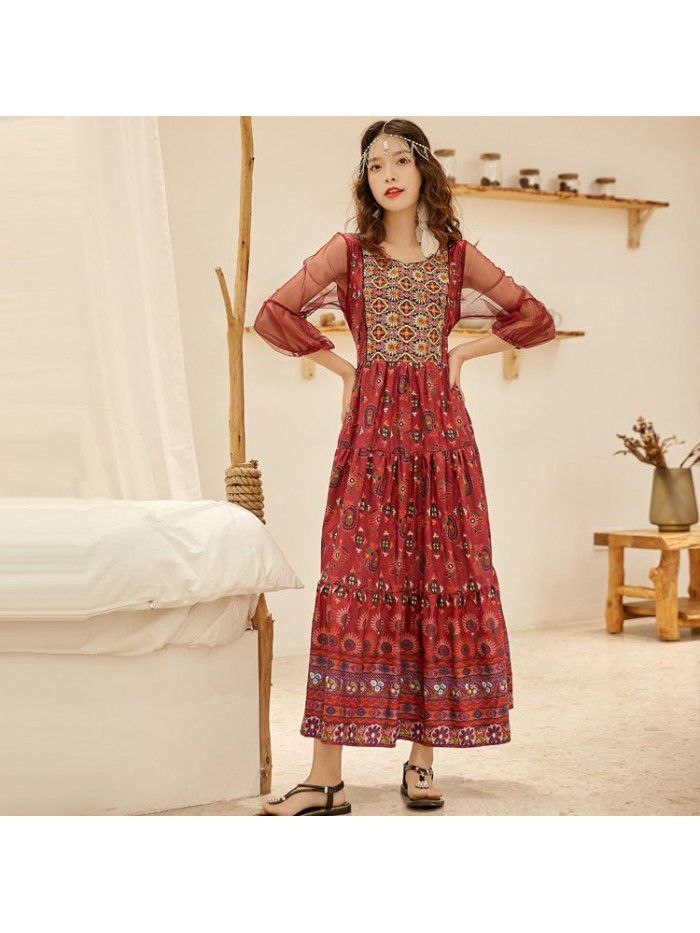 3/4 Sleeve Mesh Printed Long Dress Embroidered Ethnic Style Swing Dress 