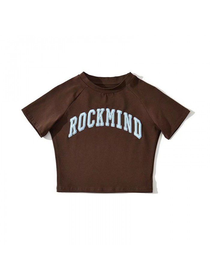3D letter embroidery short sleeved t-shirt women's round neck short summer new design feeling slim fitting spicy girl exposed navel top 