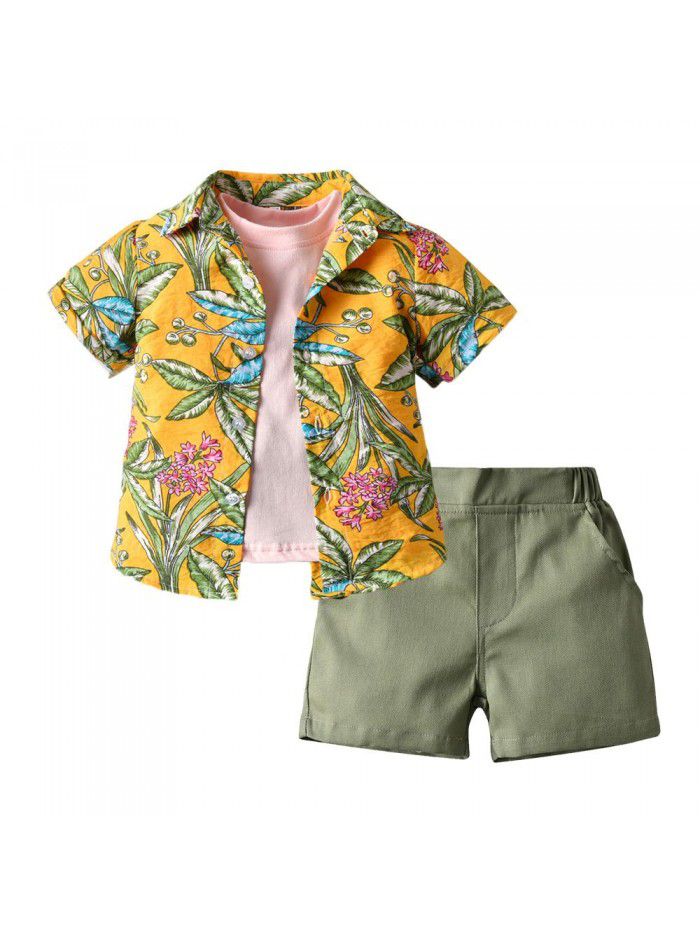 Children's Hawaii Set Boys' Fashion Flower Shirt Coat Short Sleeve T-shirt Shorts Three Piece Set 