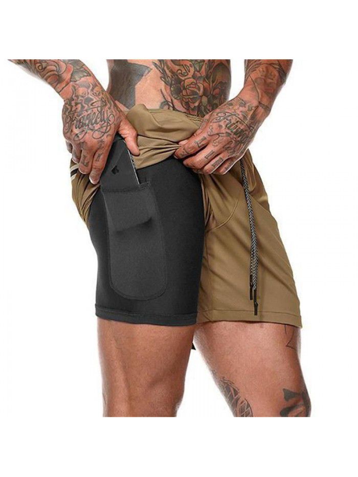 Men's double layer shorts, solid mesh sports and fitness training pants, five point casual pants, men's pants 