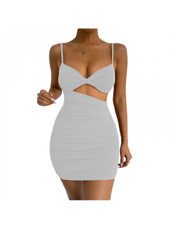 Women's Open Waist Suspended Dress Sexy Slim Fit Pleated Wrapped Hip Dress 