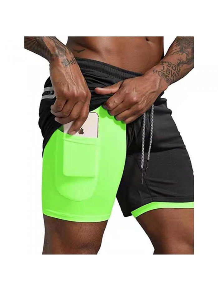 Men's double layer shorts, solid mesh sports and fitness training pants, five point casual pants, men's pants 
