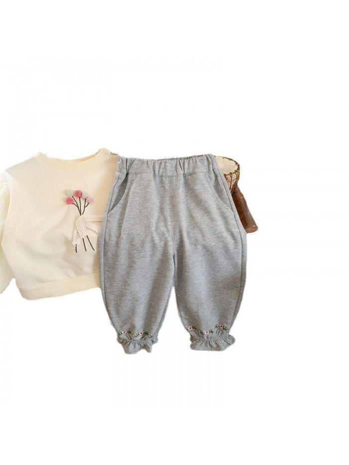 Children's casual pants Spring and Autumn Korean version Girls' embroidered leggings Baby retro pants 