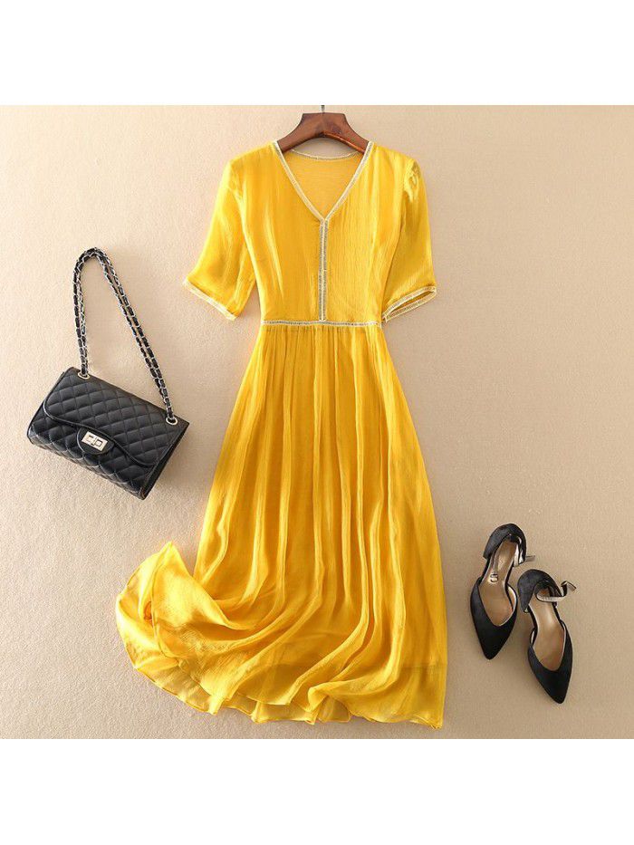 Silk Dress Women's Summer New 3/4 Sleeves Slim and Long A-line 