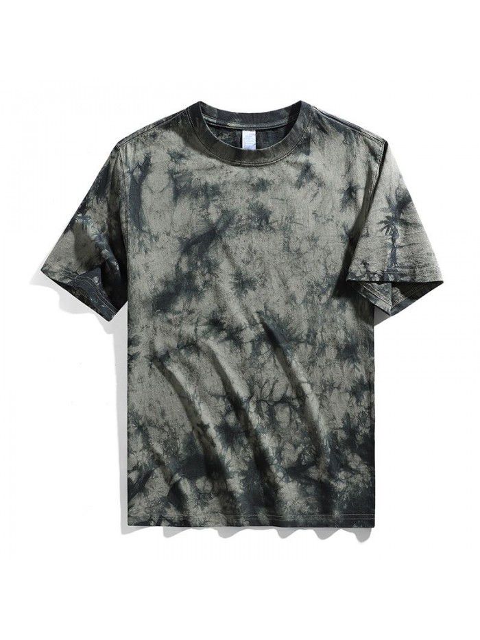 Men's tie dyed t-shirt, shoulder length, pure cotton loose short sleeved men's heavy duty t-shirt, round neck, trendy brand top