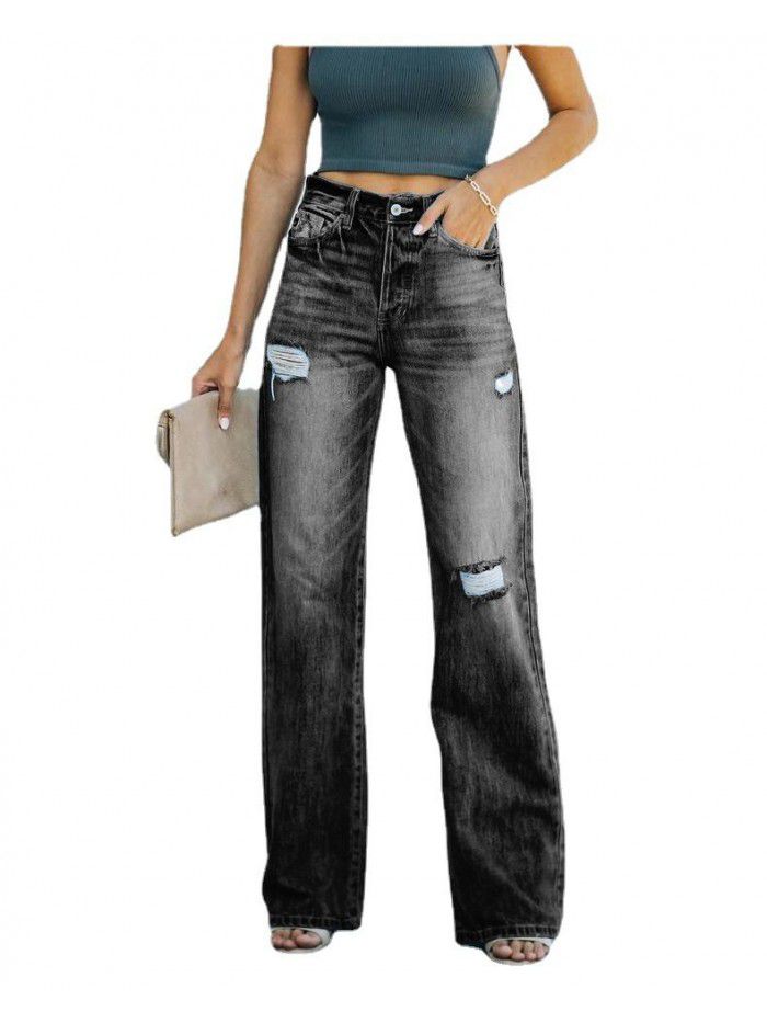 Autumn and winter new street trendsetter straight leg pants with torn jeans for women 