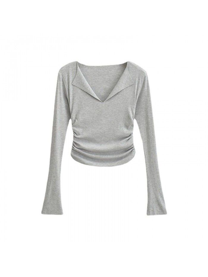 Pure desire V-neck flanging flared sleeve T-shirt for female minority Spicy girls pleated slim high waist short solid color bottom top 