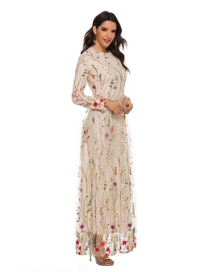 Fashion Embroidery Dress Sweet Flower Lace Long Dress  Fashion Embroidery Dress Sweet Flower Lace Long Dress