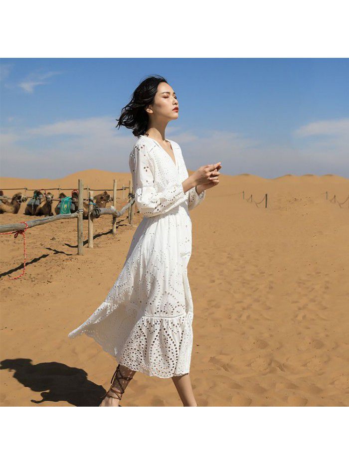 Autumn casual women's long dress pure cotton long sleeved V-neck A-line dress temperament beach 