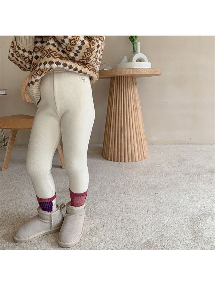 Autumn and winter girls' baby plush slim fitting elastic pants for children's composite one piece milk protein velvet leggings 