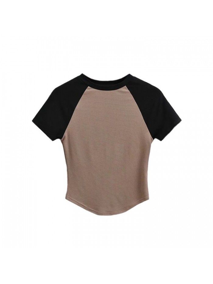Retro panel contrast hem irregular versatile top summer basic round neck slim short t-shirt women 