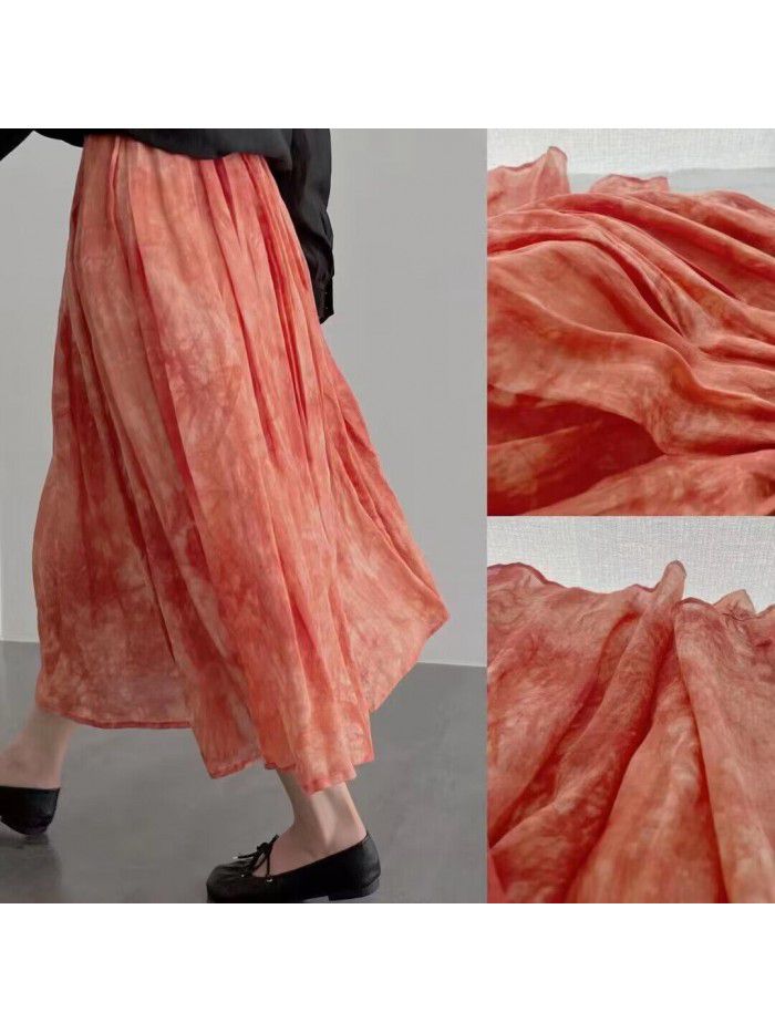 Spring New Artistic Style Versatile Spring/Summer Ramie Print Half length Skirt Mid length A-line Skirt for Women 
