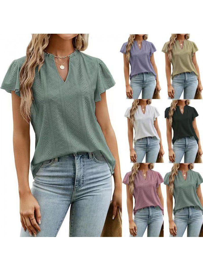 Spring/Summer Loose Solid V-Neck Ruffle Sleeve Jacquard T-shirt Women's Top 