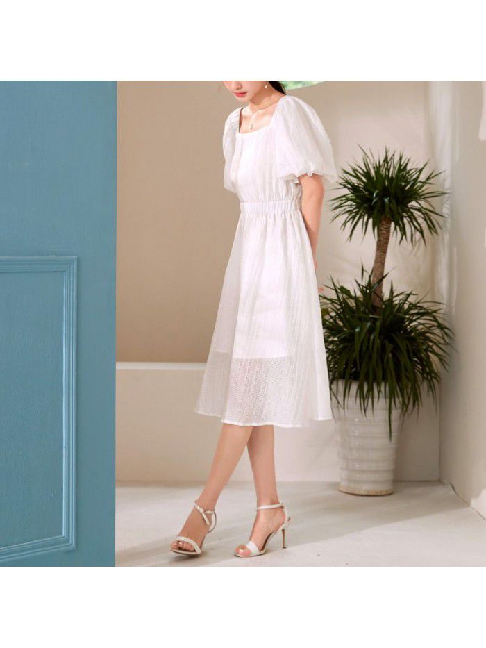 French Short Sleeve Dress Summer New Square Neck Lantern Sleeves Elegant High Waist A-line Dress 