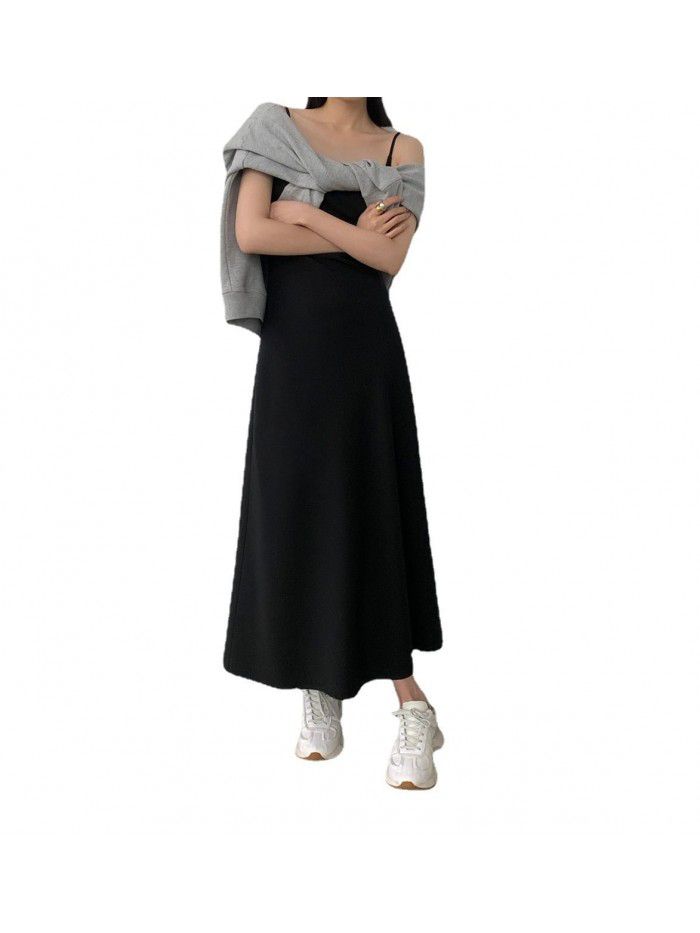 Black French suspender dress for women's new minimalist style diagonal cut long skirt  Black French suspender dress for women's new minimalist style diagonal cut long skirt