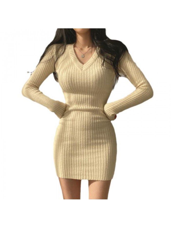 Autumn New Chinese Sweater Korean Edition Design Sense V-neck Slim Fit Bottom Knitted Dress Wrapped Hip Skirt Women's Wear 