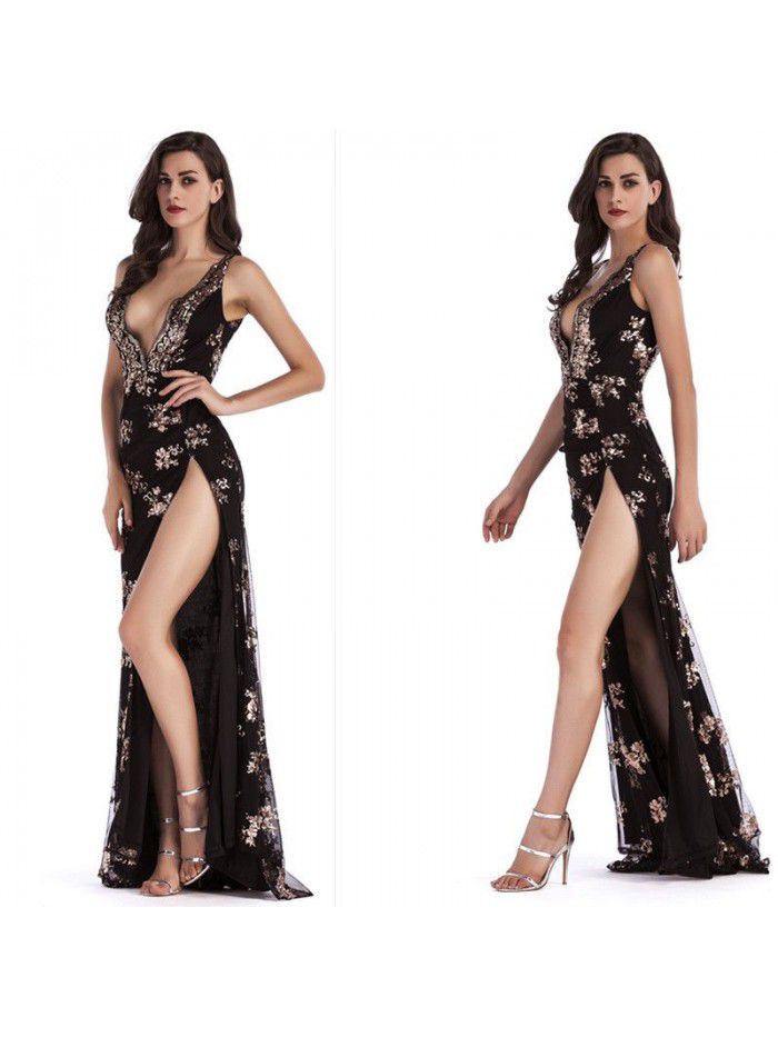 New Sequin Strap Sexy Open Back Long Dress with Deep V-neck Split Floor Dress 