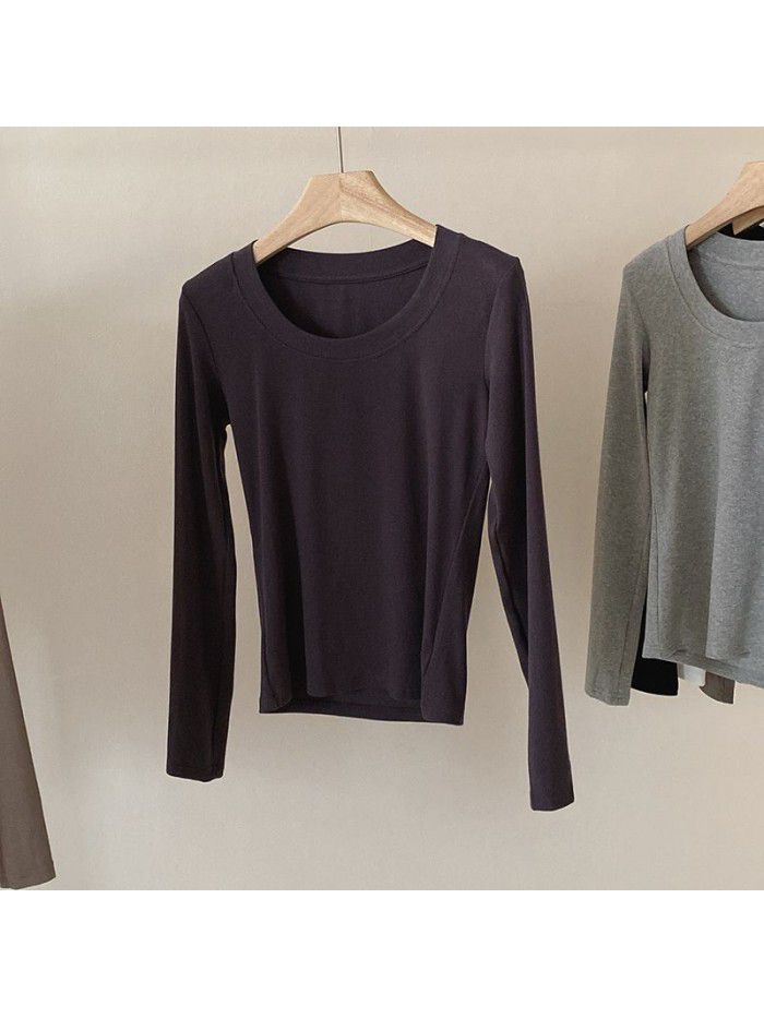 Practical and minimalist round neck long sleeved t-shirt for women's basic versatile slim fitting top 