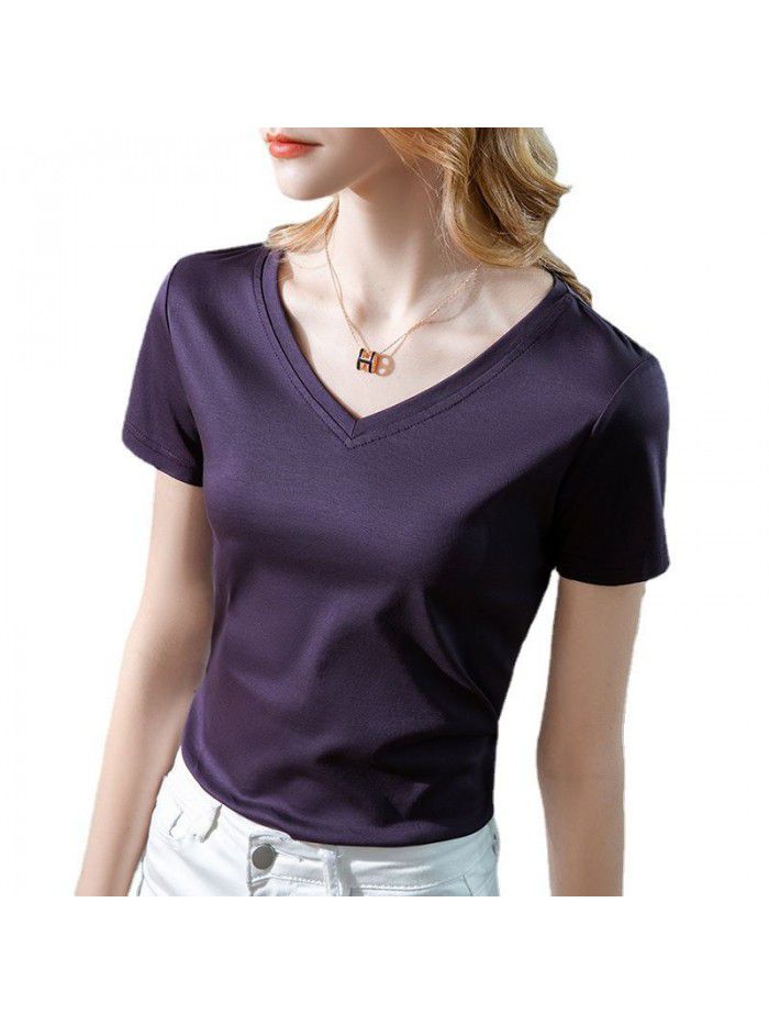 Ice feeling mercerized cotton short-sleeved t-shirt women's new style women's temperament v-neck pure cotton t-shirt pure color high-grade top 
