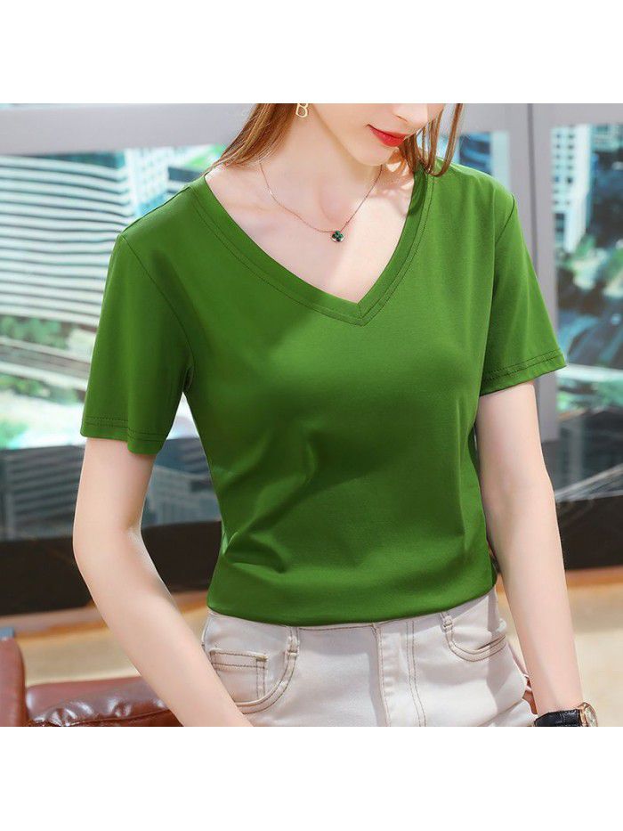 Ice feeling mercerized cotton short-sleeved t-shirt women's new style women's temperament v-neck pure cotton t-shirt pure color high-grade top 