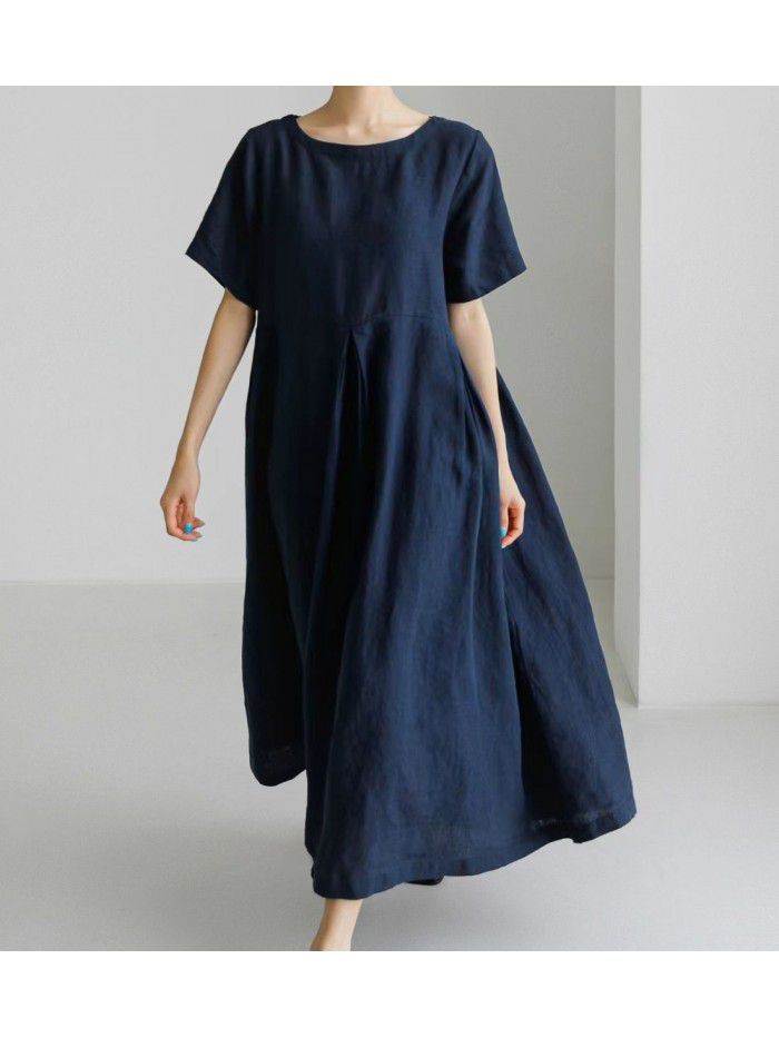 Loose Size Dress Women's Cotton Leprosy Round Neck Pullover Solid Color Over Knee Long Dress Large Swing Skirt