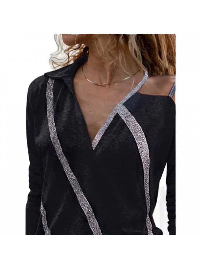 Spring New Top European and American Solid Color Off Shoulder Long Sleeve Casual Pullover Bright Gold Silk T-shirt Women 
