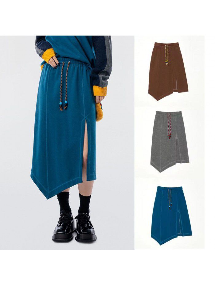 Simple and casual design, irregular split drawstring A-line half skirt, women's slim half skirt 