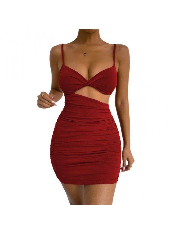 Women's Open Waist Suspended Dress Sexy Slim Fit Pleated Wrapped Hip Dress 